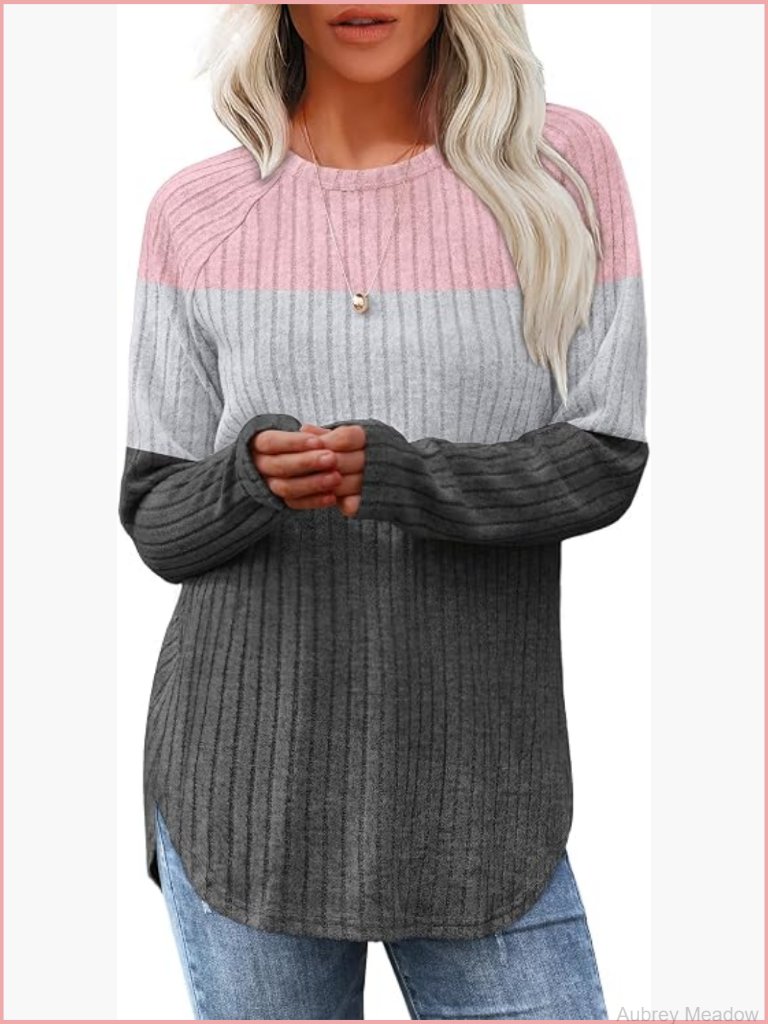 Loose Fit Crewneck Pullover Sweater Curved Hem Tunic Tops Long Sleeve